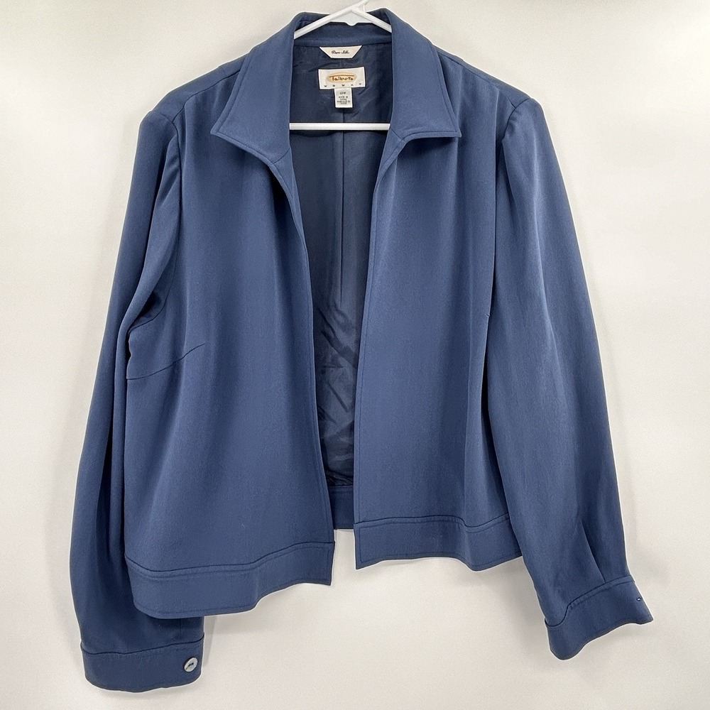 Talbots Womens Pure Silk Open Front Blazer Jacket Size 12W Blue Career Old Money